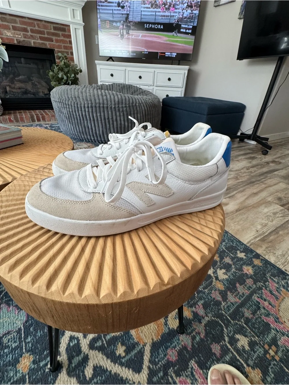 New Balance White Sneakers with Blue Heel Accent